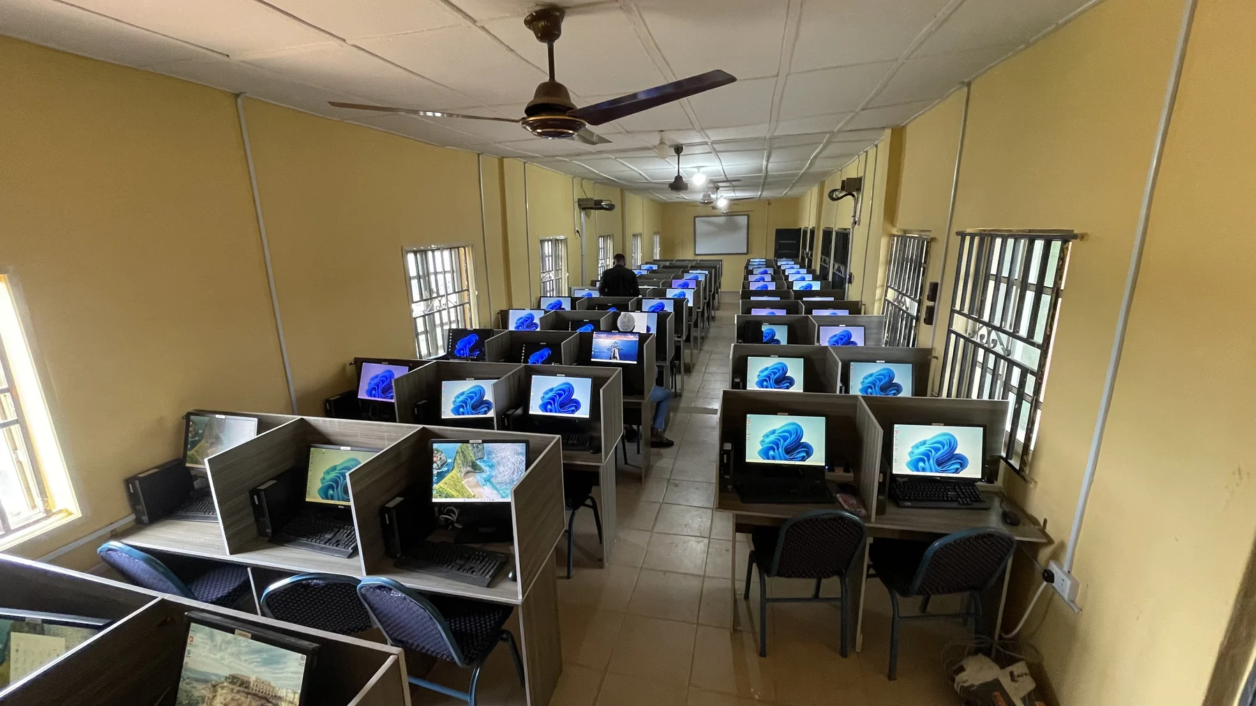 A complete computer laboratory with networked desktop workstations.