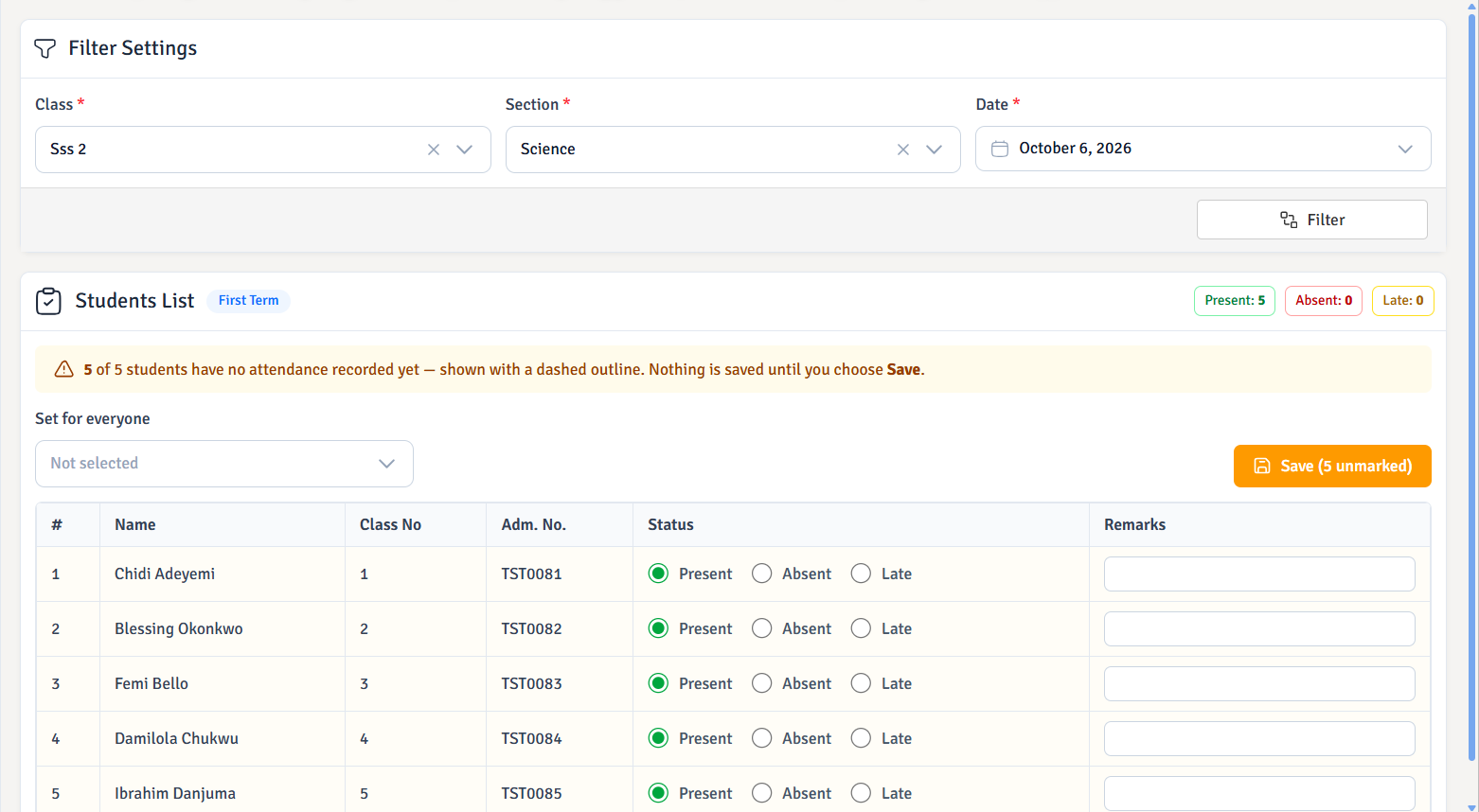 Record attendance by class and date, with present, absent and late statuses.
