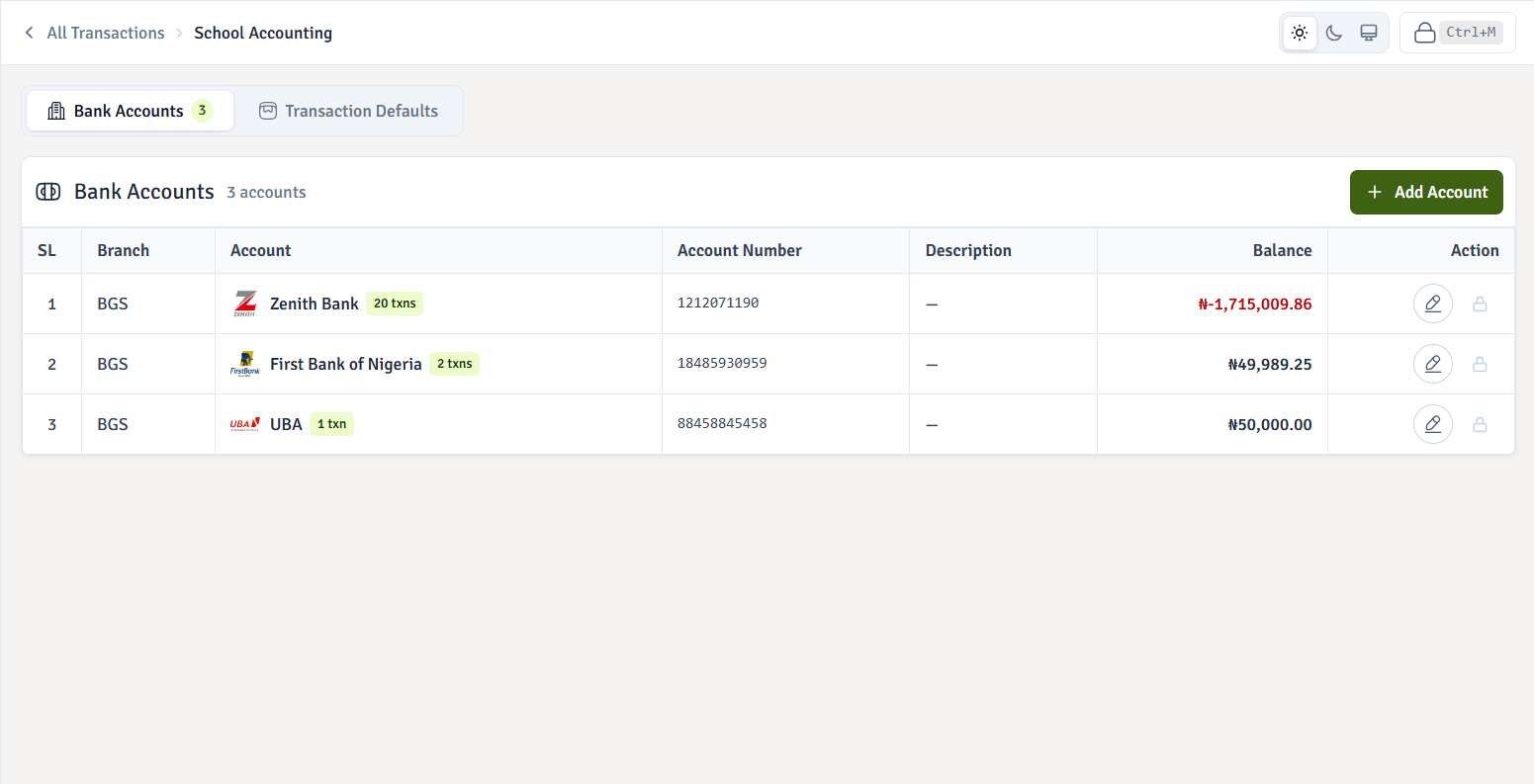 Manage school bank accounts and review their transaction balances.