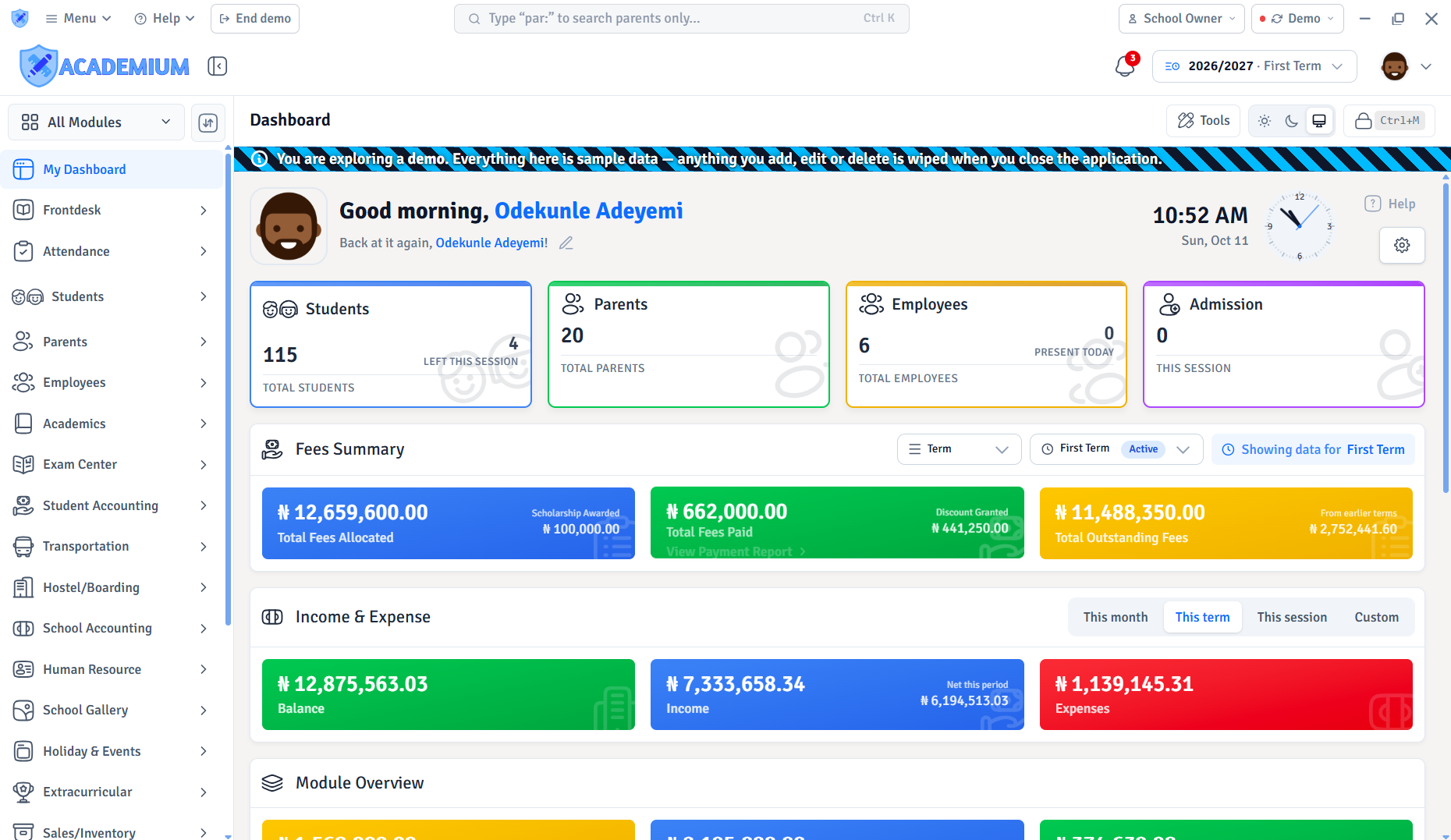 Academium SMS dashboard — students, parents, employees and school finances at a glance.