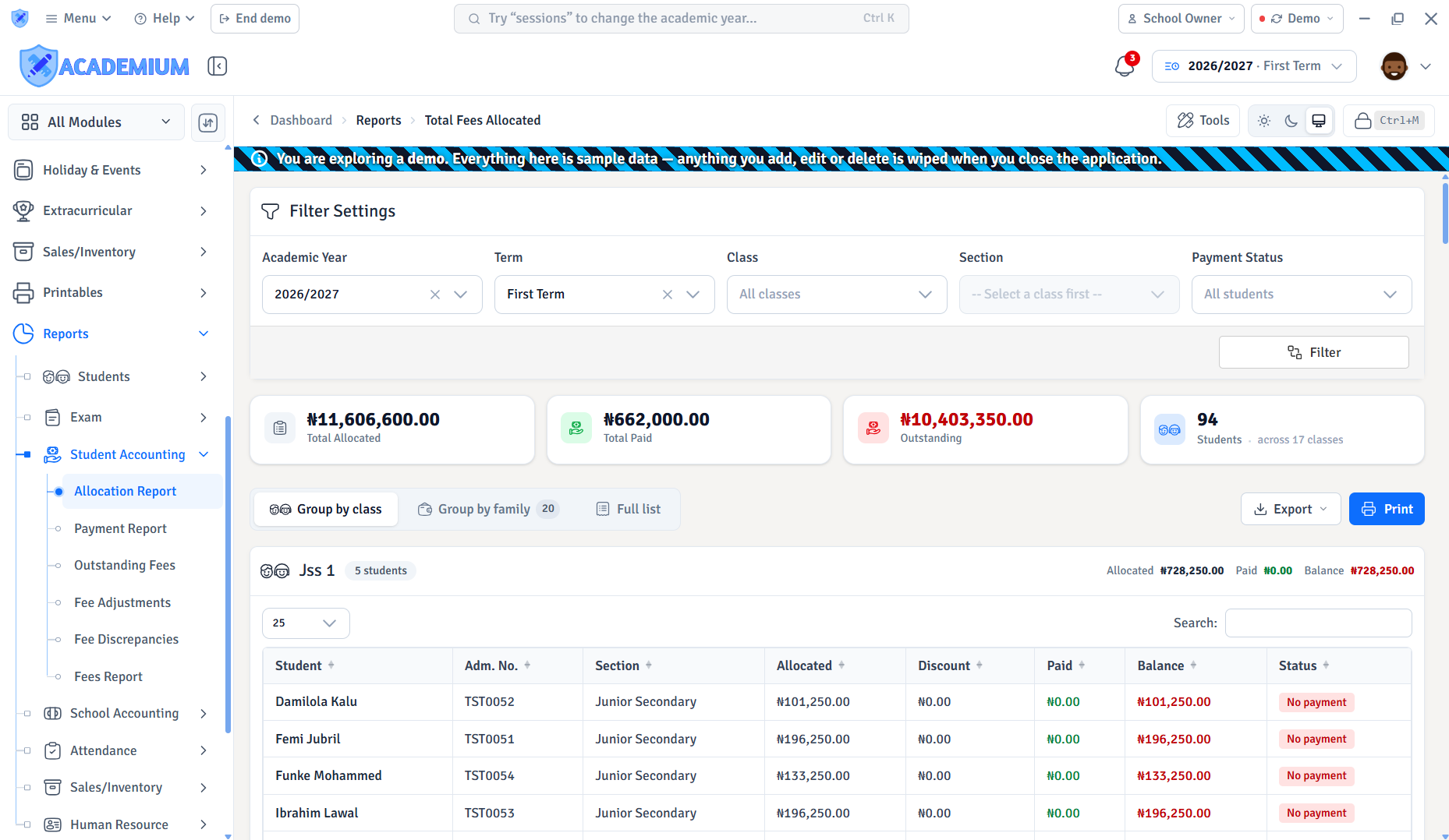 Review fee allocations, payments and outstanding balances by class or family.