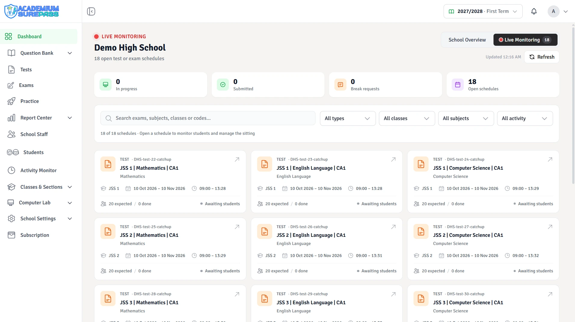Live monitoring of every open test and exam, with students in progress, submissions and break requests.