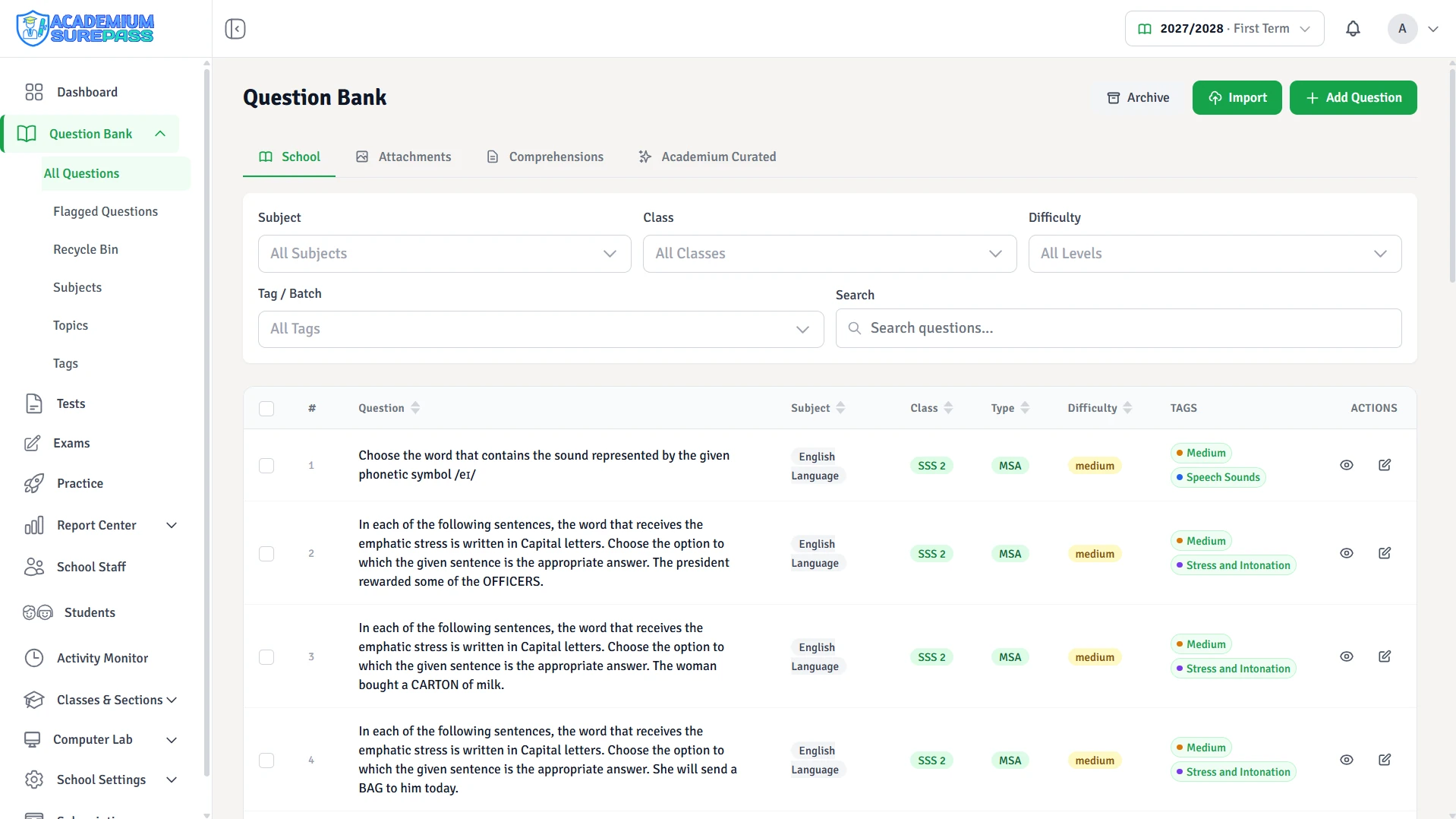 Question bank filtered by subject, class, difficulty and tags, with Academium curated questions.