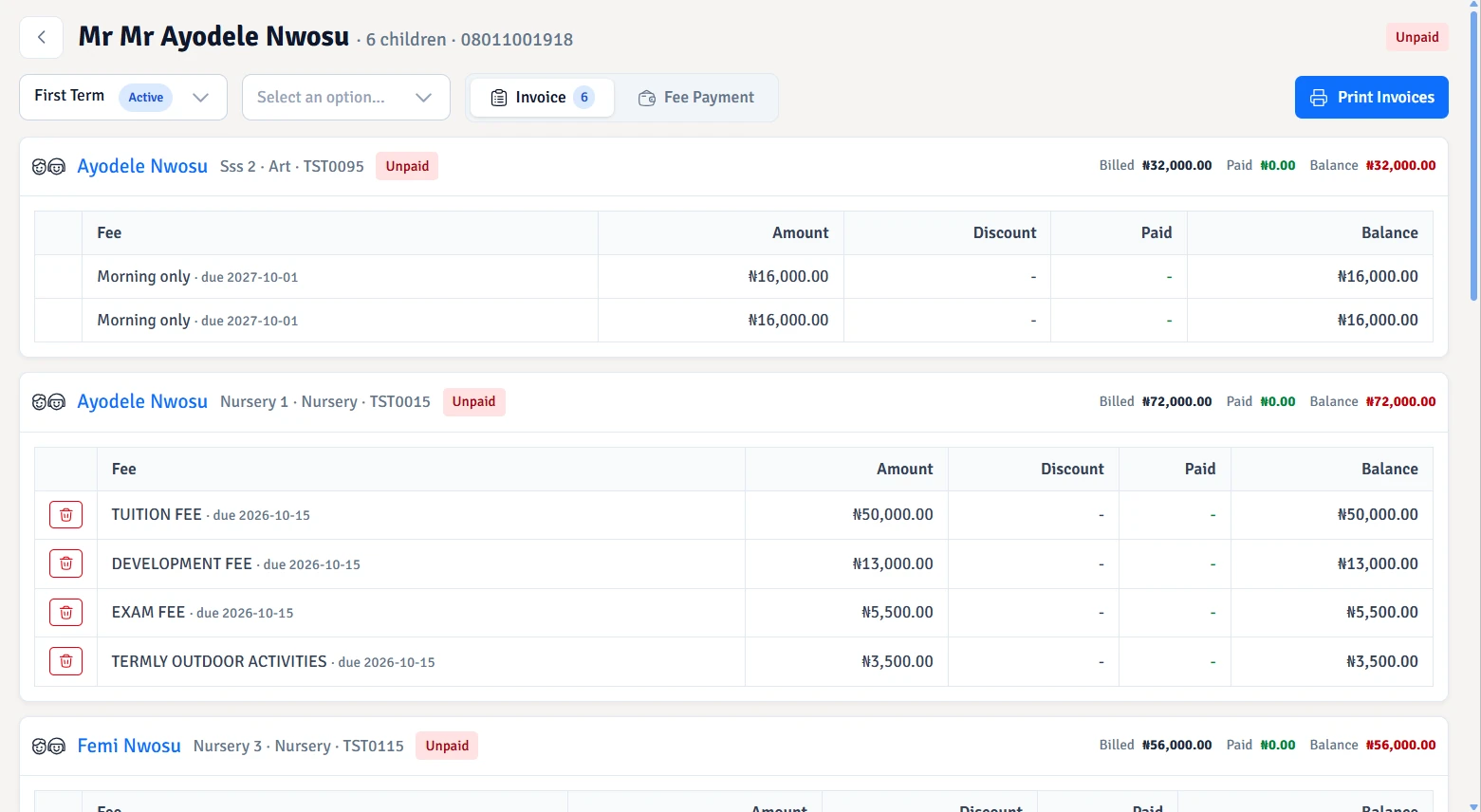 Collect for a whole family, with every child’s fees on one page and invoices printed together.