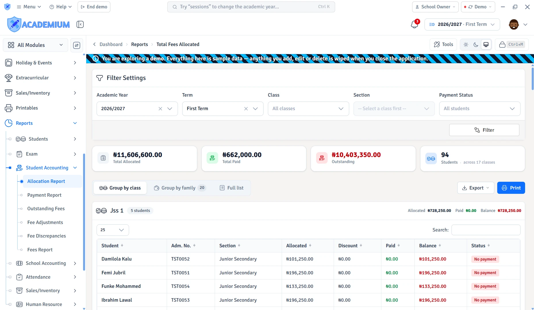 Filter allocations by year, term, class and payment status, then group them by class or family.