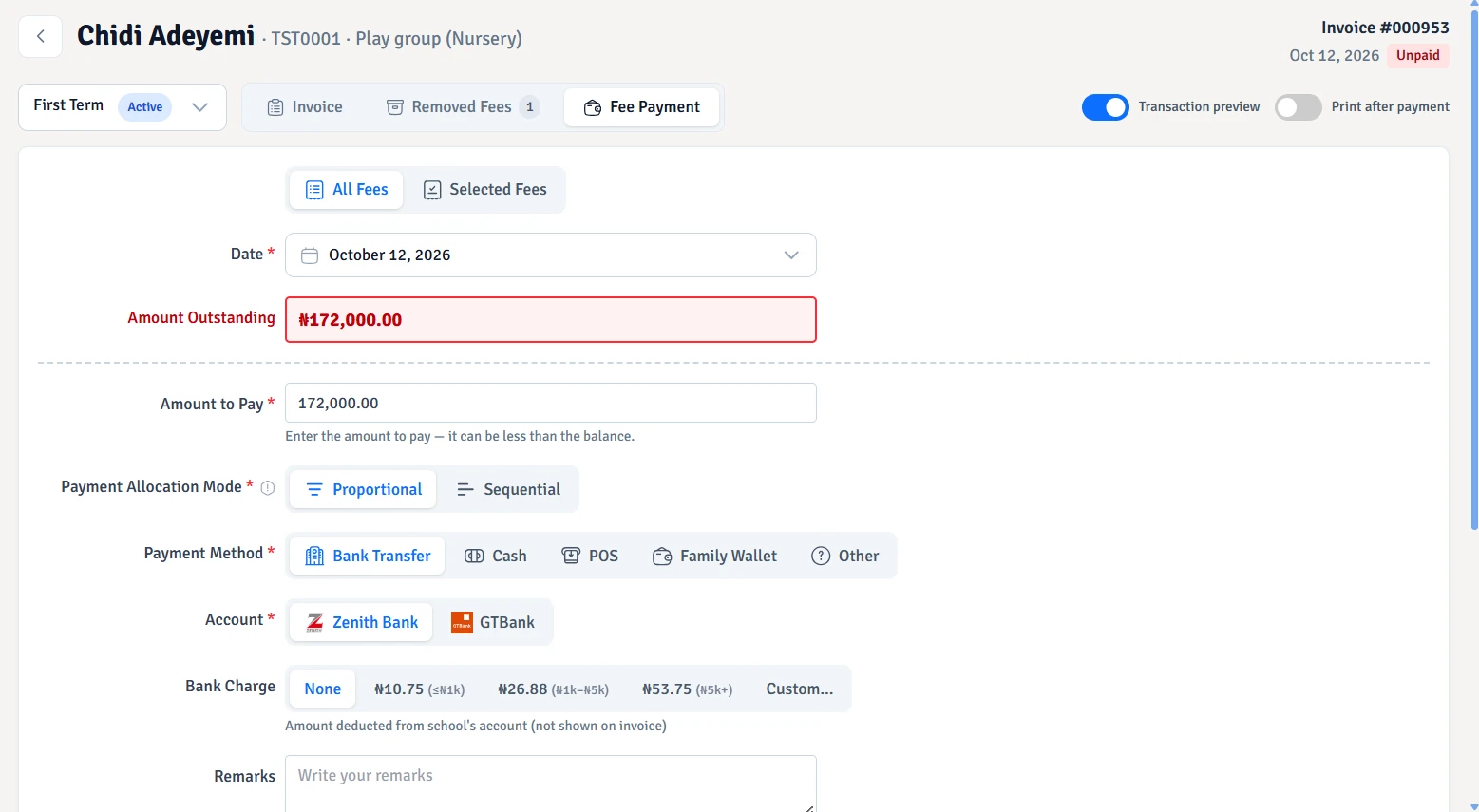 Take a full or part payment, choose how it is allocated across fees, and preview it before saving.