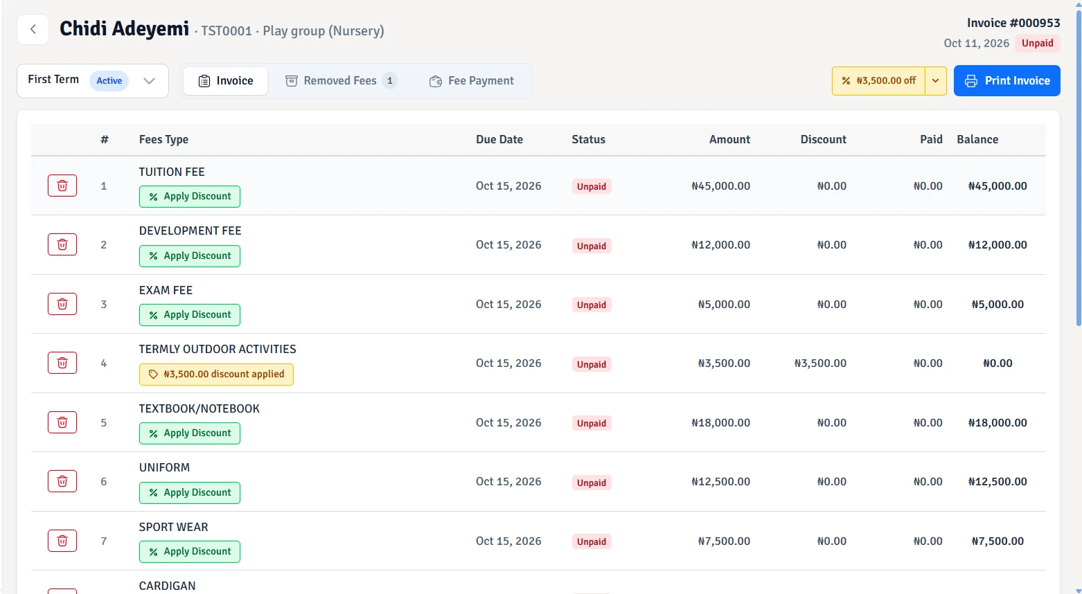 See a student’s fee items, discounts, payments and remaining balance.