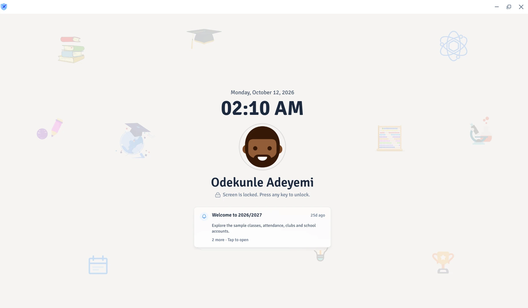 The locked screen shows the time, the employee and their latest notification. Press any key to unlock.