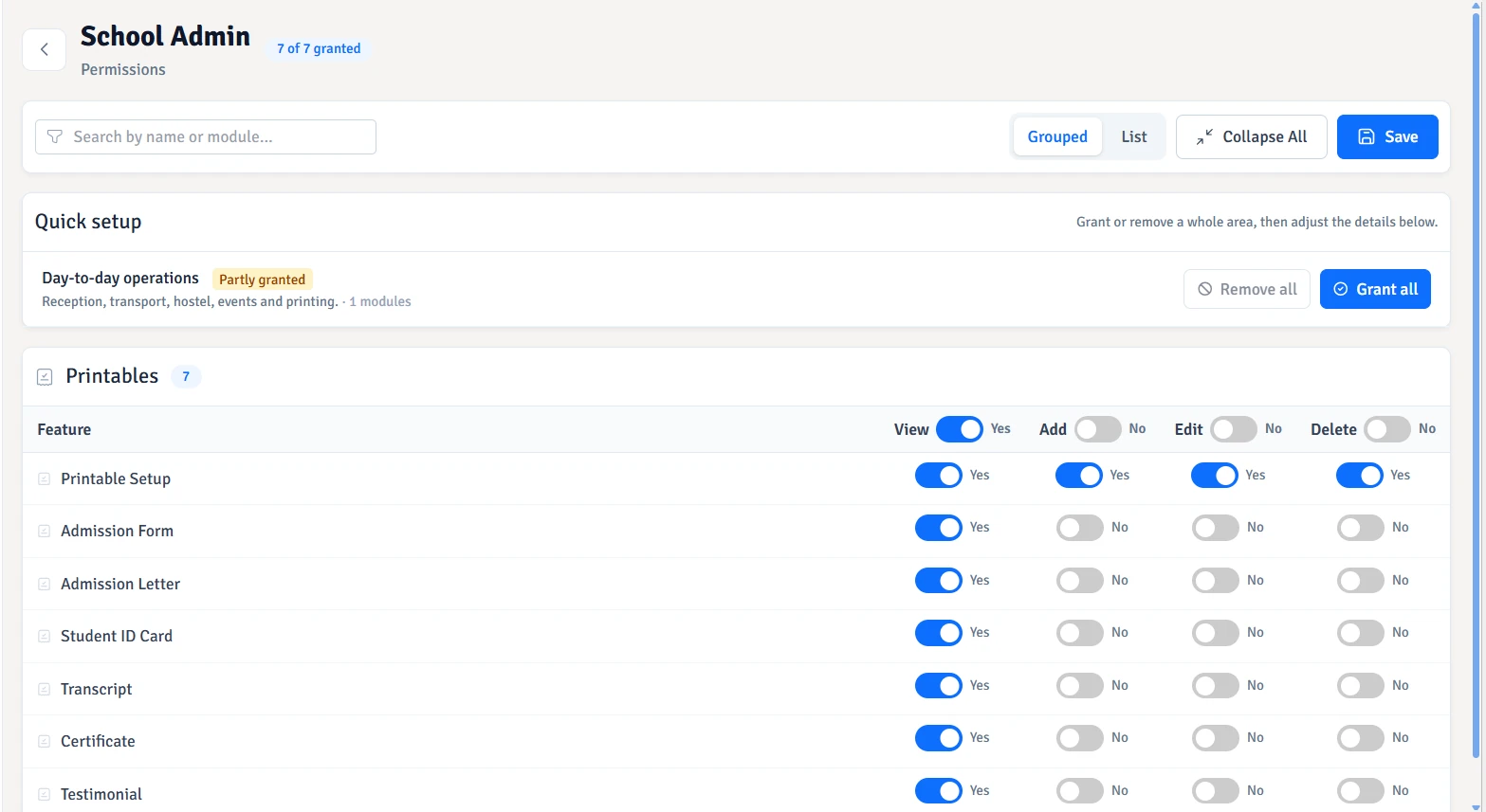 Grant view, add, edit and delete separately for each feature, or a whole area at once.